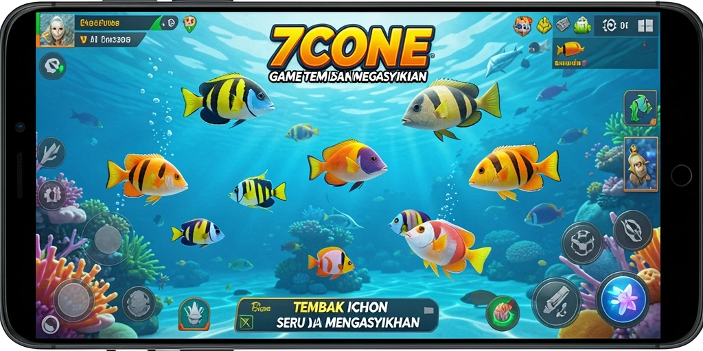 Screenshot gameplay menampilkan aksi menembak ikan di 7CONE.