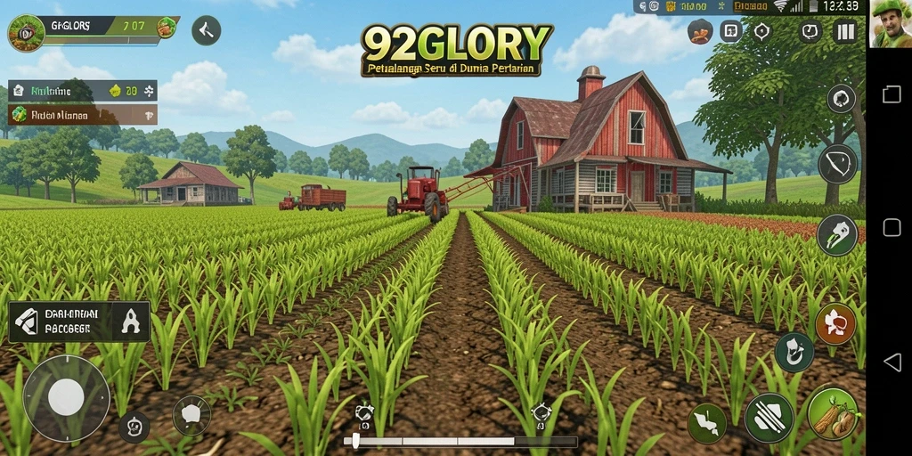 Tampilan permainan <strong>92GLORY</strong> menunjukkan ladang yang subur dan hewan ternak yang sehat.