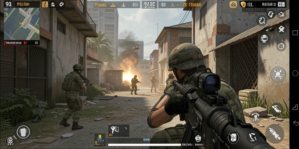 Screenshot gameplay 9SL dengan aksi tembak-menembak yang intens.