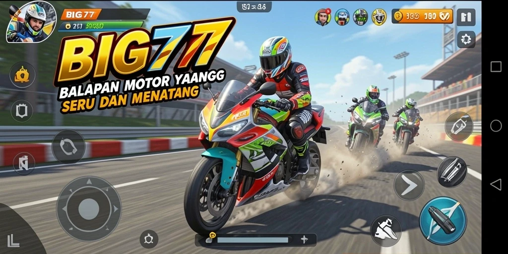 Tangkapan layar BIG77 menunjukkan aksi balapan motor yang mendebarkan dan seru.