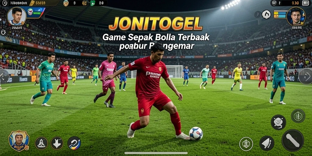 Tampilan gameplay JONITOGEL dengan aksi sepak bola yang seru.