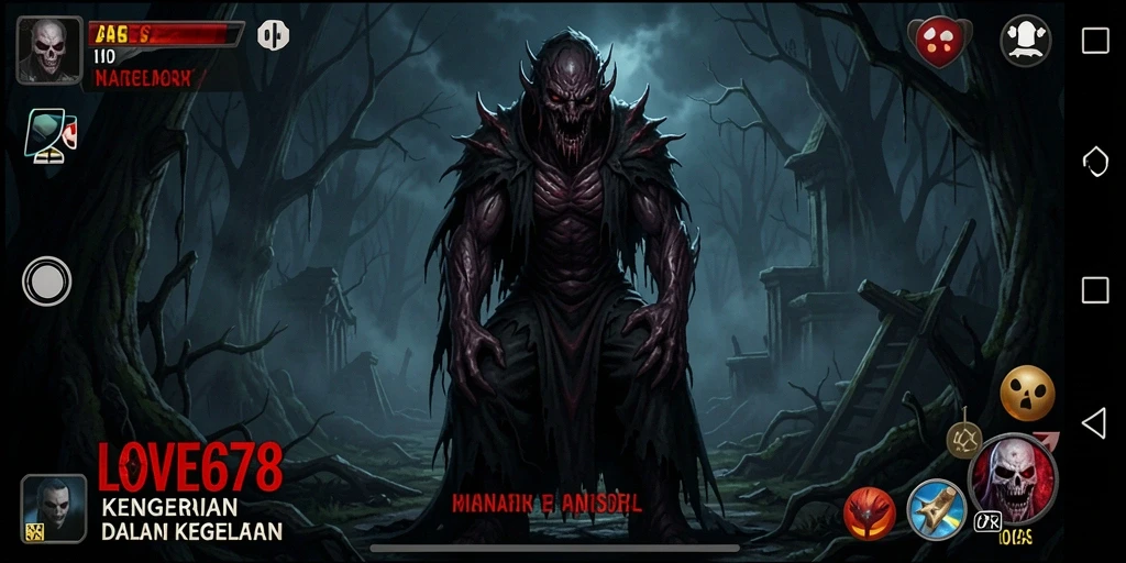 Gameplay LOVE678 dengan suasana mencekam dan karakter misterius.