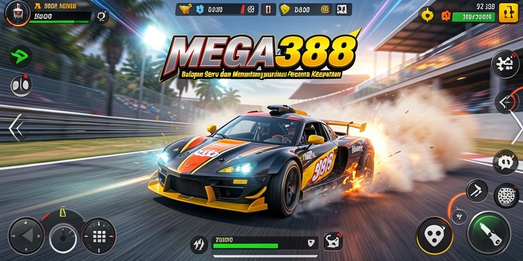 Screenshot menunjukkan aksi balap seru di MEGA388.