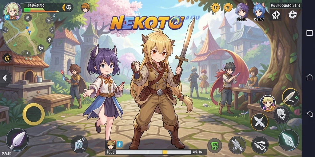 Screenshot utama NEKOTOTO menampilkan karakter dalam pertempuran epik.